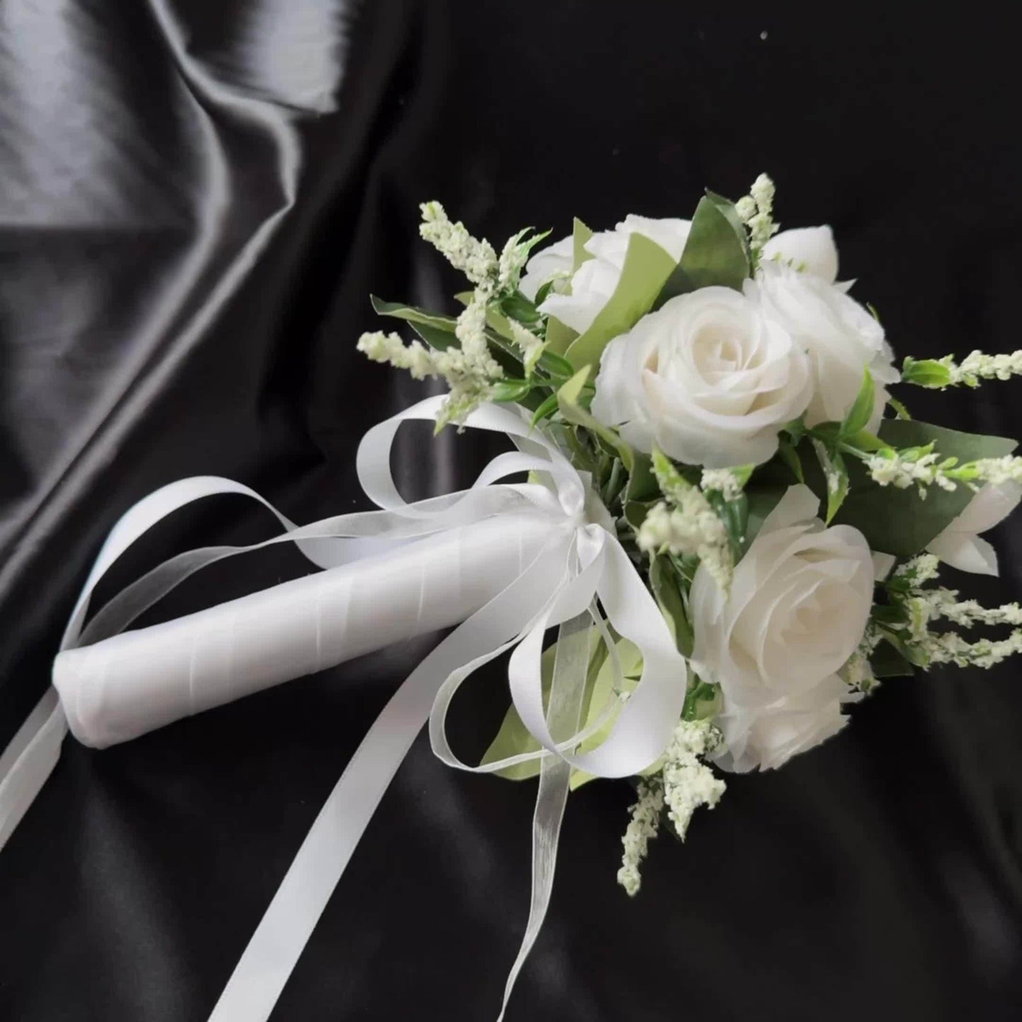 One Elegant Fake Rose Bouquet for The Bride Or Bridesmaid, Measuring 9.8 by 8.6 Inches, Featuring Simulated Roses with Green Foliage And Ribbon Decoration, Ideal for Weddings, Engagements, Parties, And As a Gift for Anniversa ferrersa