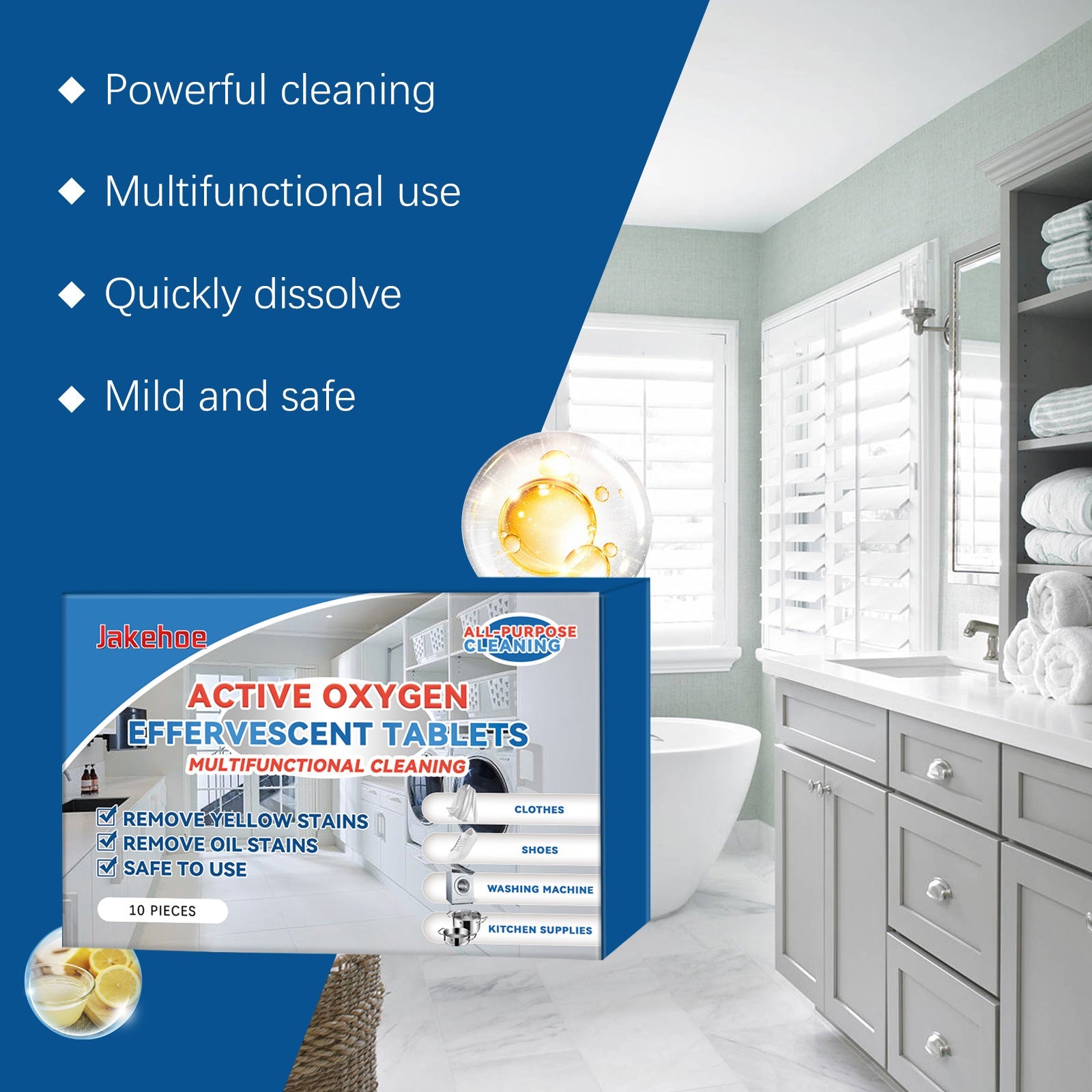 Jakehoe Multifunctional Cleansing Effervescent Tablet Gently Cleans Clothes To Remove Stubborn Stains In Bathroom And Kitchen eprolo