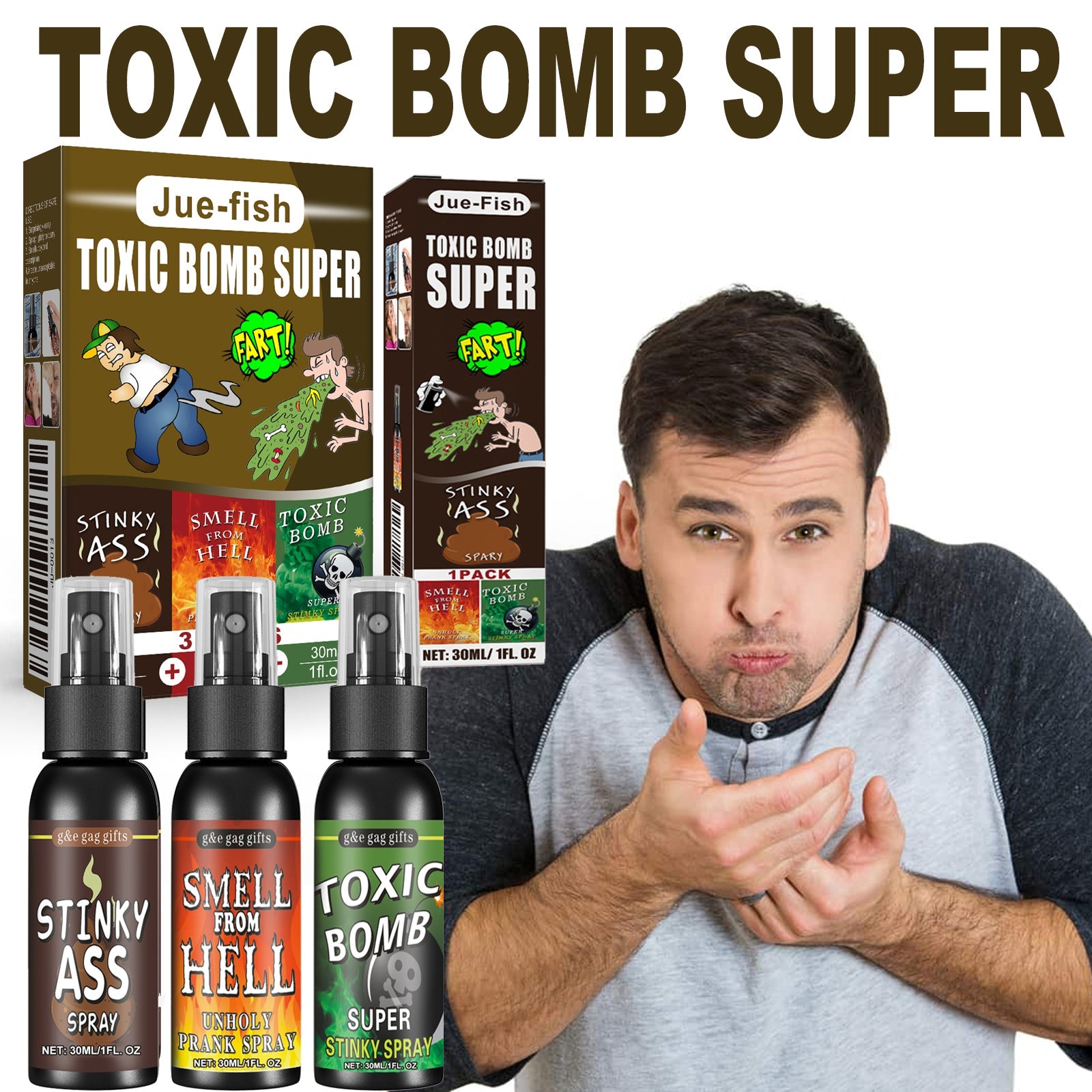 Jue-Fish Stinky Fart Spray (Set) April Fool's Day Prank Liquid Toy Parody Stinky Entertainment Poop Hell Bomb Smell eprolo