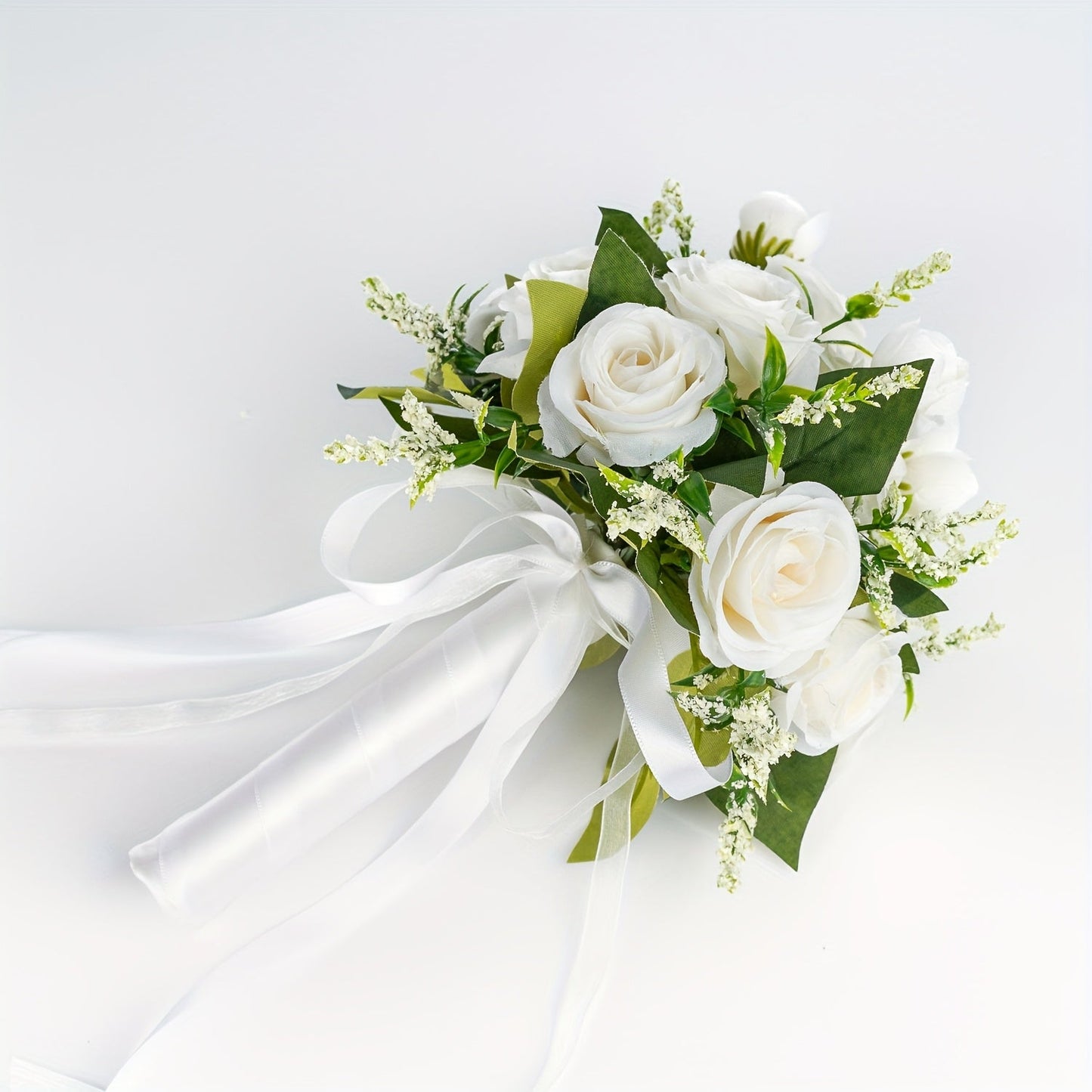 One Elegant Fake Rose Bouquet for The Bride Or Bridesmaid, Measuring 9.8 by 8.6 Inches, Featuring Simulated Roses with Green Foliage And Ribbon Decoration, Ideal for Weddings, Engagements, Parties, And As a Gift for Anniversa ferrersa