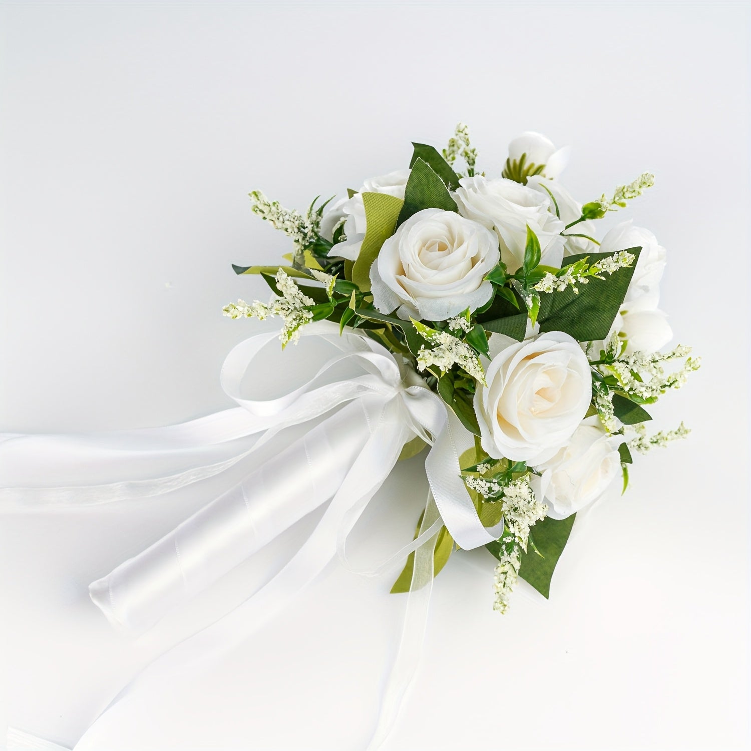 One Elegant Fake Rose Bouquet for The Bride Or Bridesmaid, Measuring 9.8 by 8.6 Inches, Featuring Simulated Roses with Green Foliage And Ribbon Decoration, Ideal for Weddings, Engagements, Parties, And As a Gift for Anniversa ferrersa