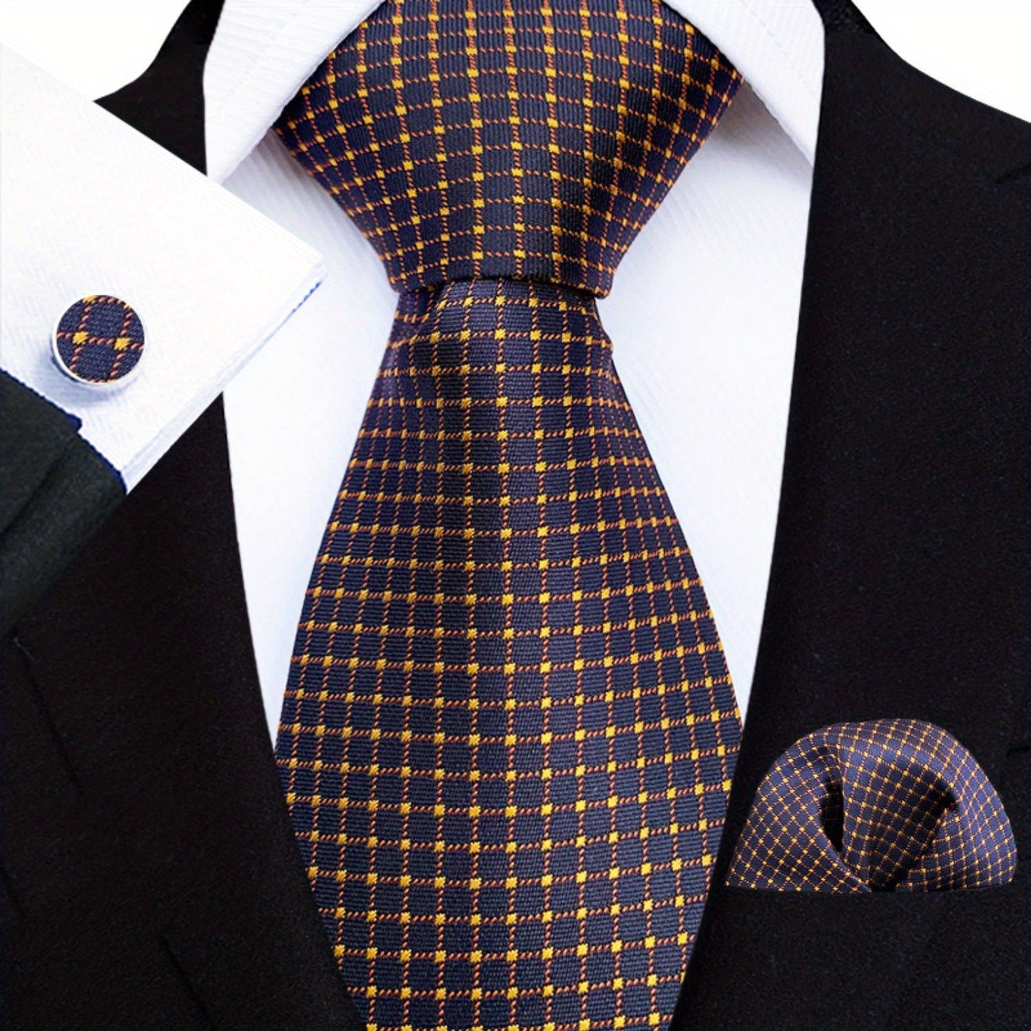 Men's Tie3pcs Business Set: 3.15inch Hand-made Tie for Men, Tie, Cufflinks, Pocket Square. Business Set Suitable for Parties, Dates, Weddings, Suit Accessories, and Gifts. ferrersa