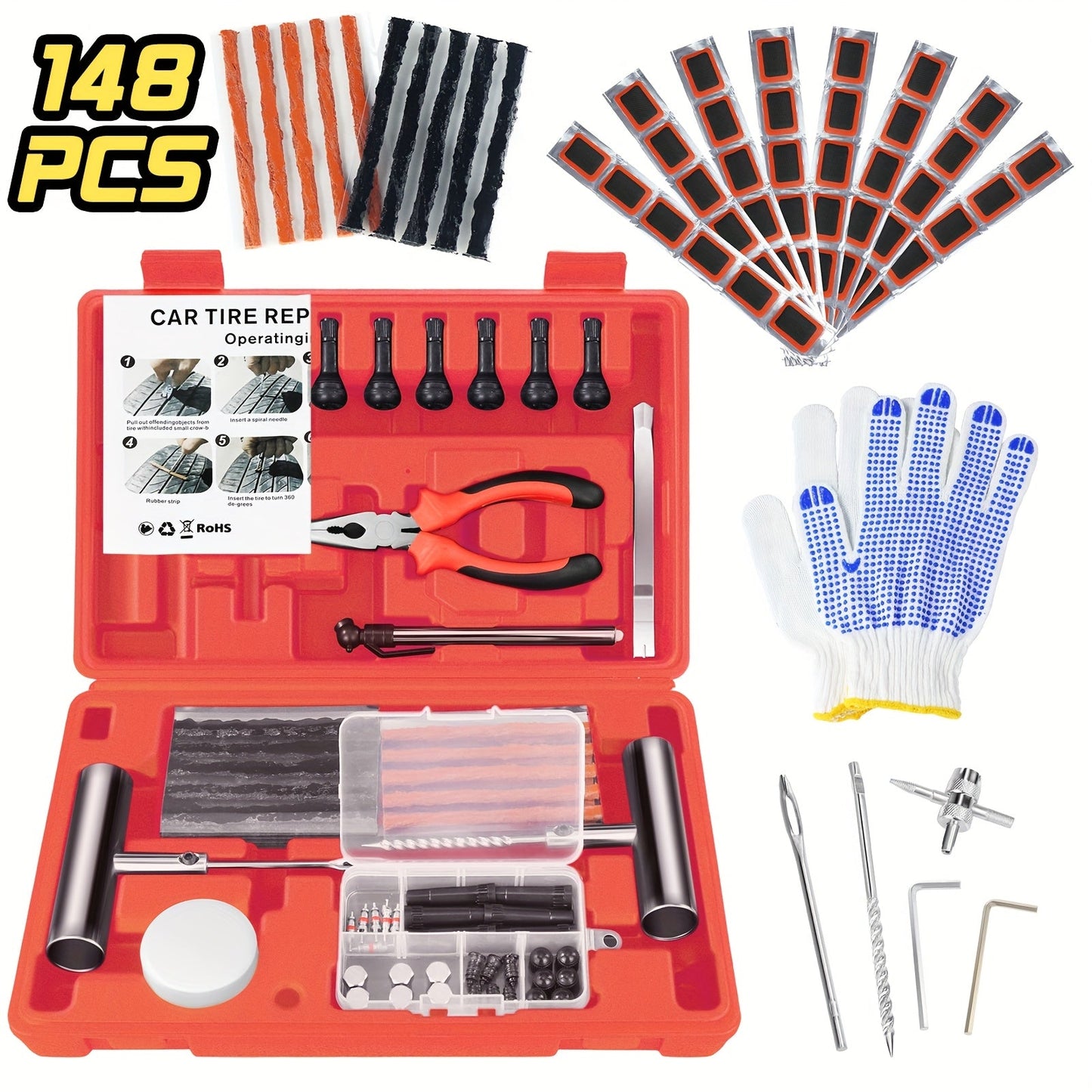 [Heavy Duty Tire Repair Kit] 148pcs Heavy Duty Tire Repair Kit | Portable Ultimate Tubeless Tire Plug Kit to Fix Punctures and Plug Flats Patch for Car Motorcycle Truck ATV RV Trailer ferrersa