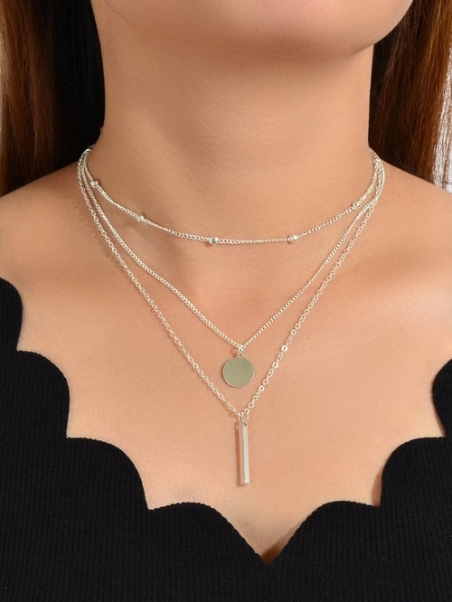 Boho Multi-Layer 3pcs Bar Disc Charm Metal Round Beads Chain Choker ferrersa