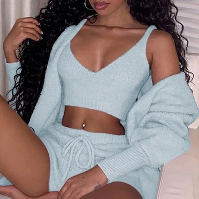 3pcs Womens Clothing Long Sleeve Crop Tank Top And Drawstring Shorts Pajama Set USA