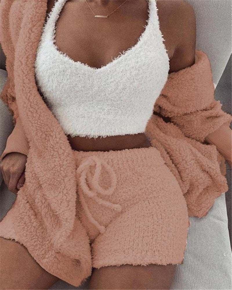 3pcs Womens Clothing Long Sleeve Crop Tank Top And Drawstring Shorts Pajama Set USA