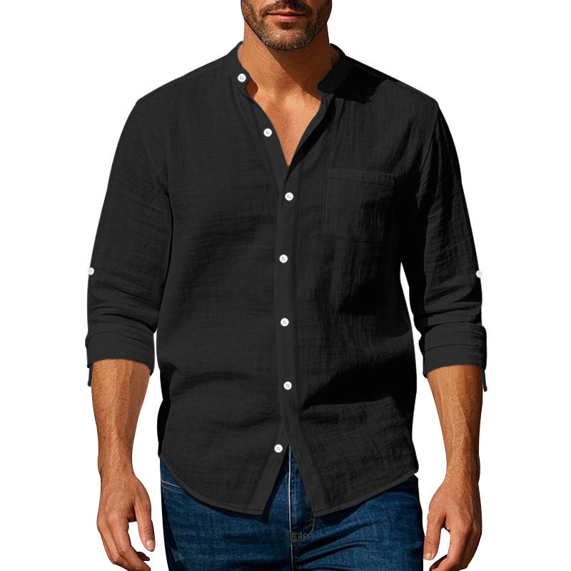 Long Sleeve Stand Collar Shirt With Pockets Casual Men's Clothing ferrersa