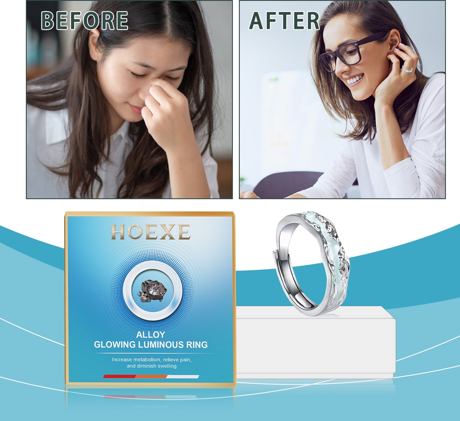 Hoexe Silver Glow-In-The-Dark Rings Protect Daily Life, Physical Exercise, Portable Men's And Women's Care Rings eprolo