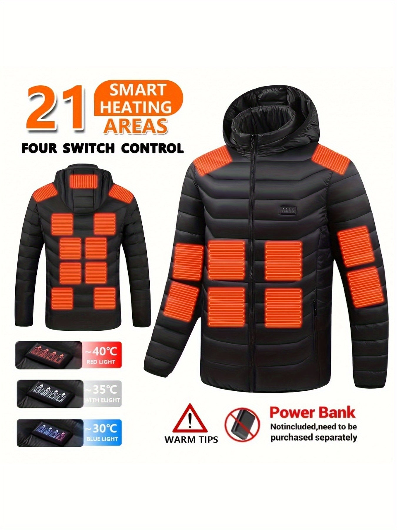 Men's Smart Heating Jacket with 21 Zones - USB Rechargeable, Warm & Cozy for Fall/Winter, Machine Washable, Polyester, Hooded Design ferrersa
