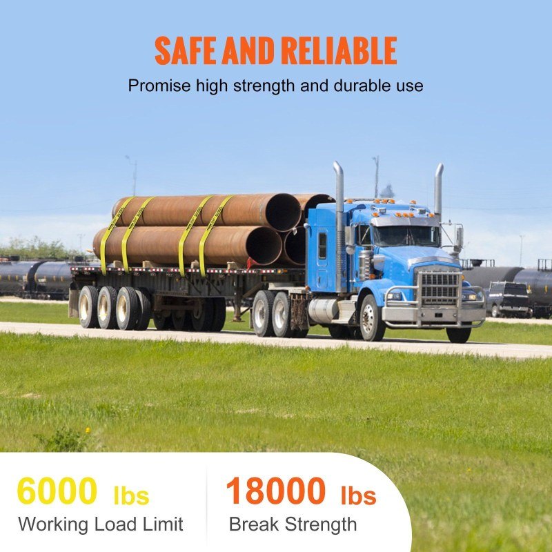 VEVOR Winch Straps, 4x 30', 6000 Lbs Load Capacity, 18000 Lbs Break Strength, Truck Straps with Flat Hook, Flatbed Tie Downs Cargo Control Trailers, Farms, Rescues, Tree Saver, Yellow (4 Pack) ferrersa