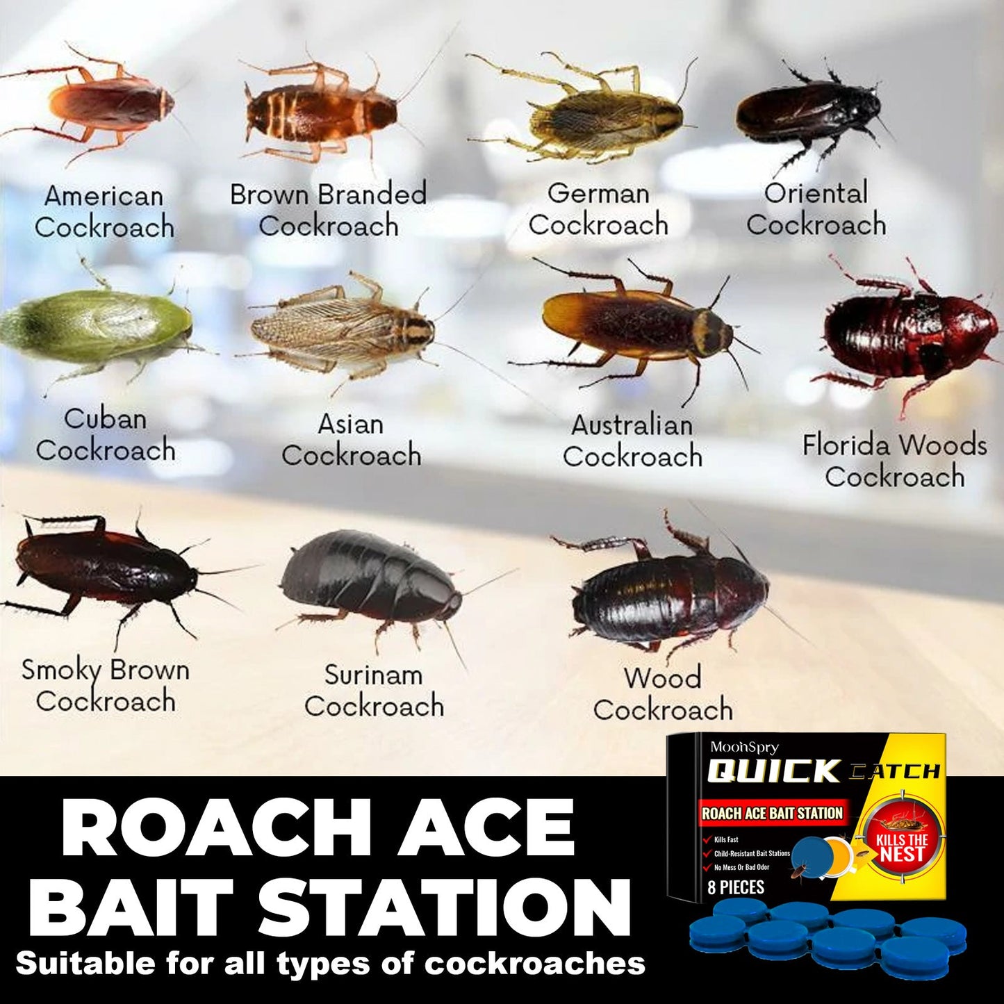 MoonSpry Roach Ace Bait Station, Insect-Repellent Cockroach Bait Kitchen Home Cockroach Elimination Whole Nest End Cleaner eprolo
