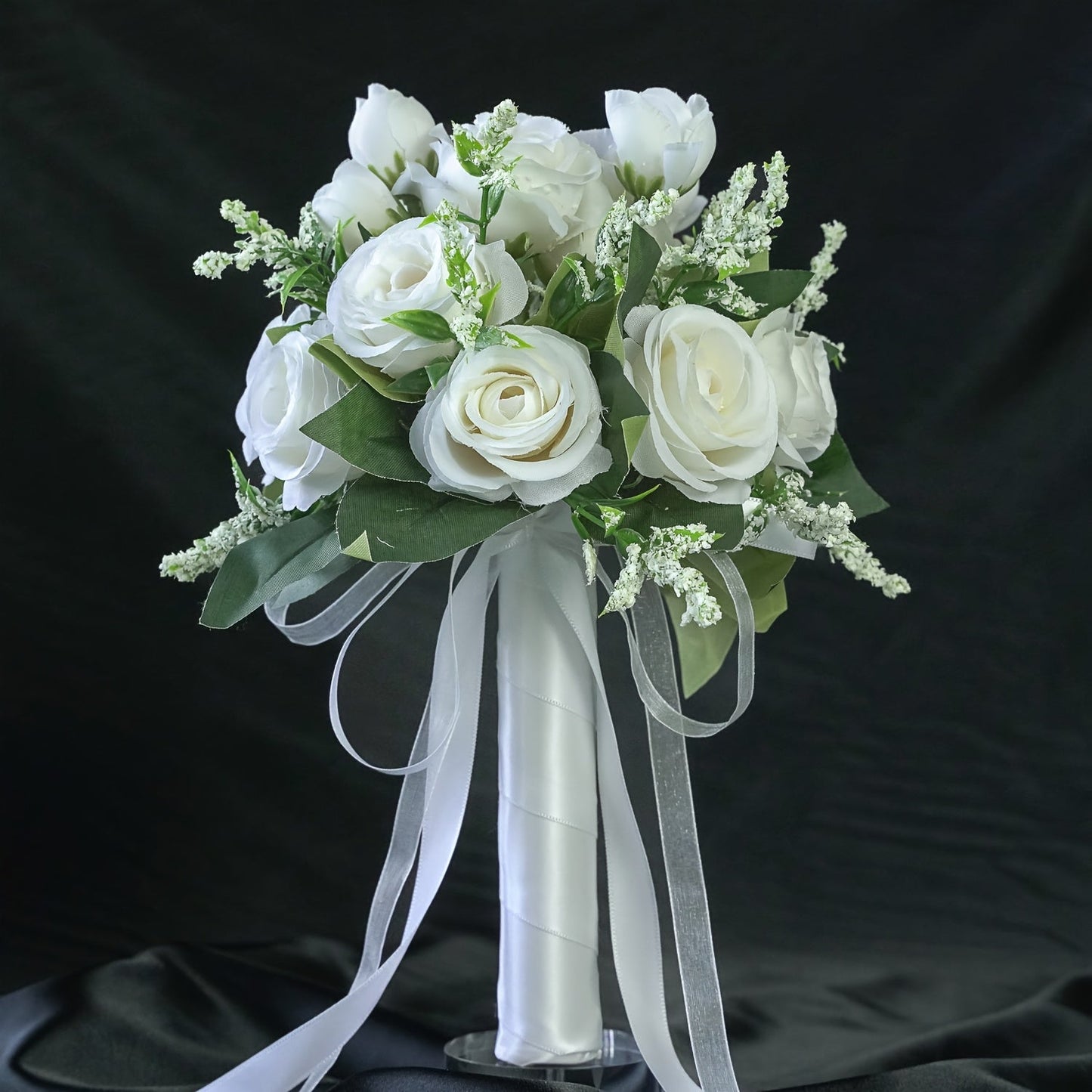 One Elegant Fake Rose Bouquet for The Bride Or Bridesmaid, Measuring 9.8 by 8.6 Inches, Featuring Simulated Roses with Green Foliage And Ribbon Decoration, Ideal for Weddings, Engagements, Parties, And As a Gift for Anniversa ferrersa