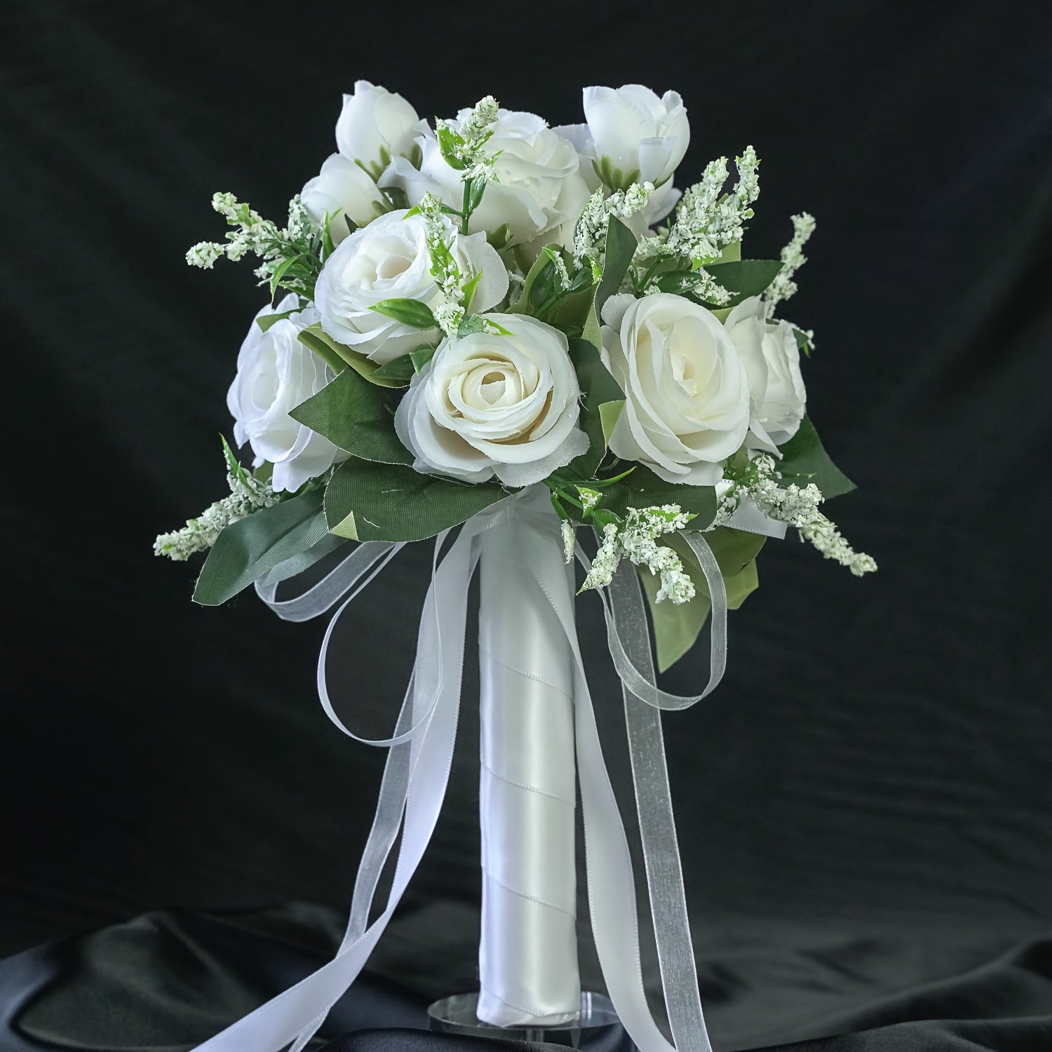 One Elegant Fake Rose Bouquet for The Bride Or Bridesmaid, Measuring 9.8 by 8.6 Inches, Featuring Simulated Roses with Green Foliage And Ribbon Decoration, Ideal for Weddings, Engagements, Parties, And As a Gift for Anniversa ferrersa