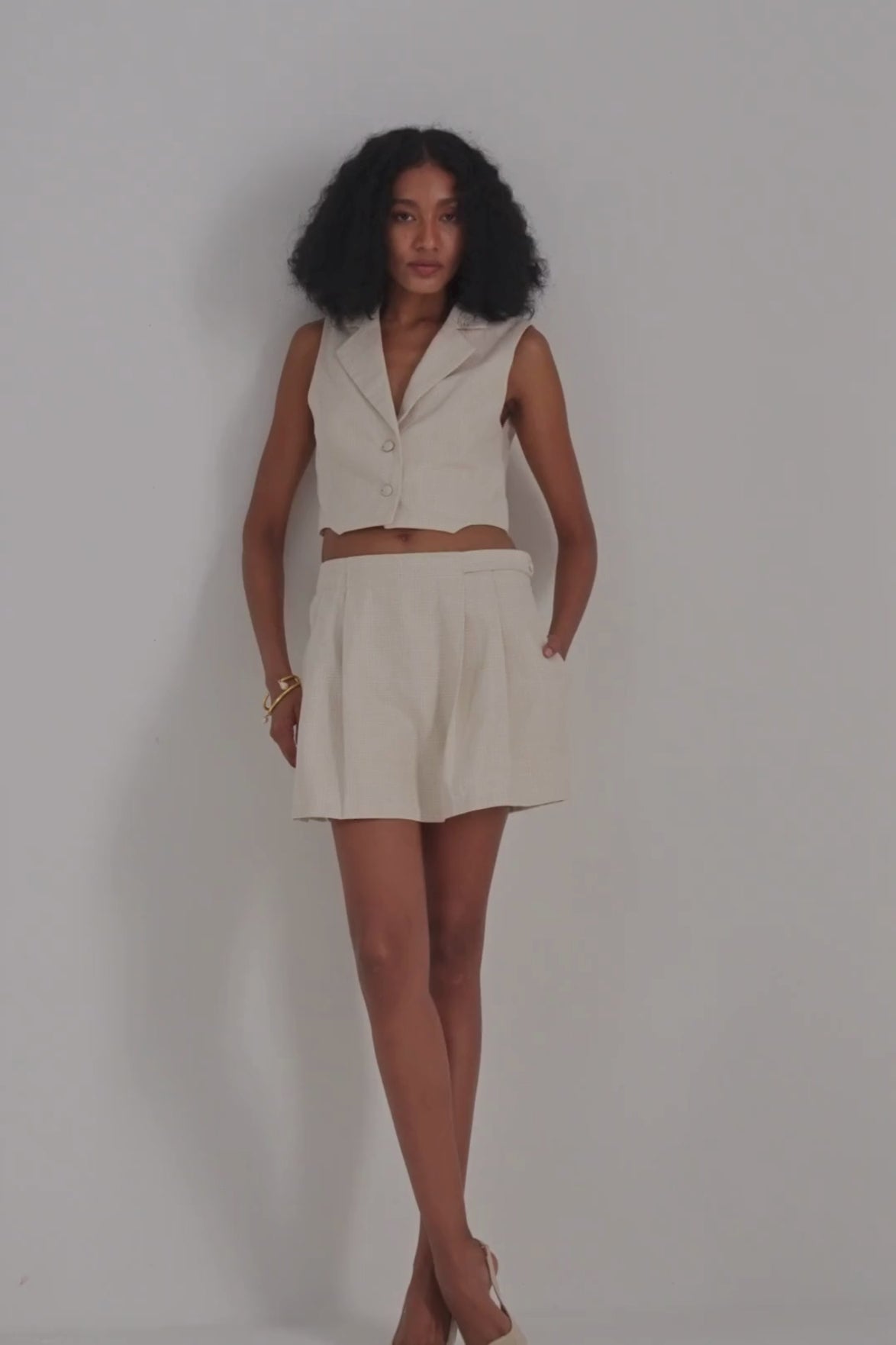 Cropped Cotton Tweed Vest Set in Cream DC-Reistor