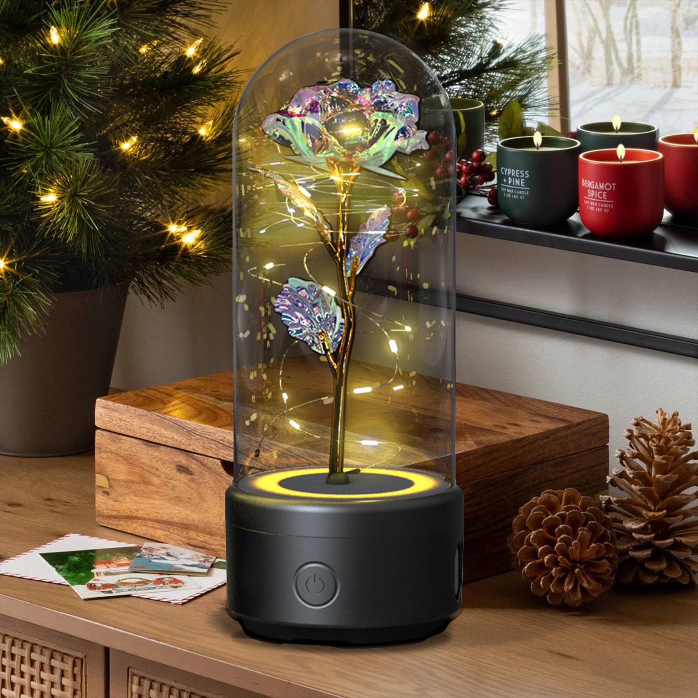 Creative 2 In 1 Rose Flowers LED Light And Bluetooth-compatible Speaker Valentine's Day Gift Rose Luminous Night Light Ornament In Glass Cover ferrersa