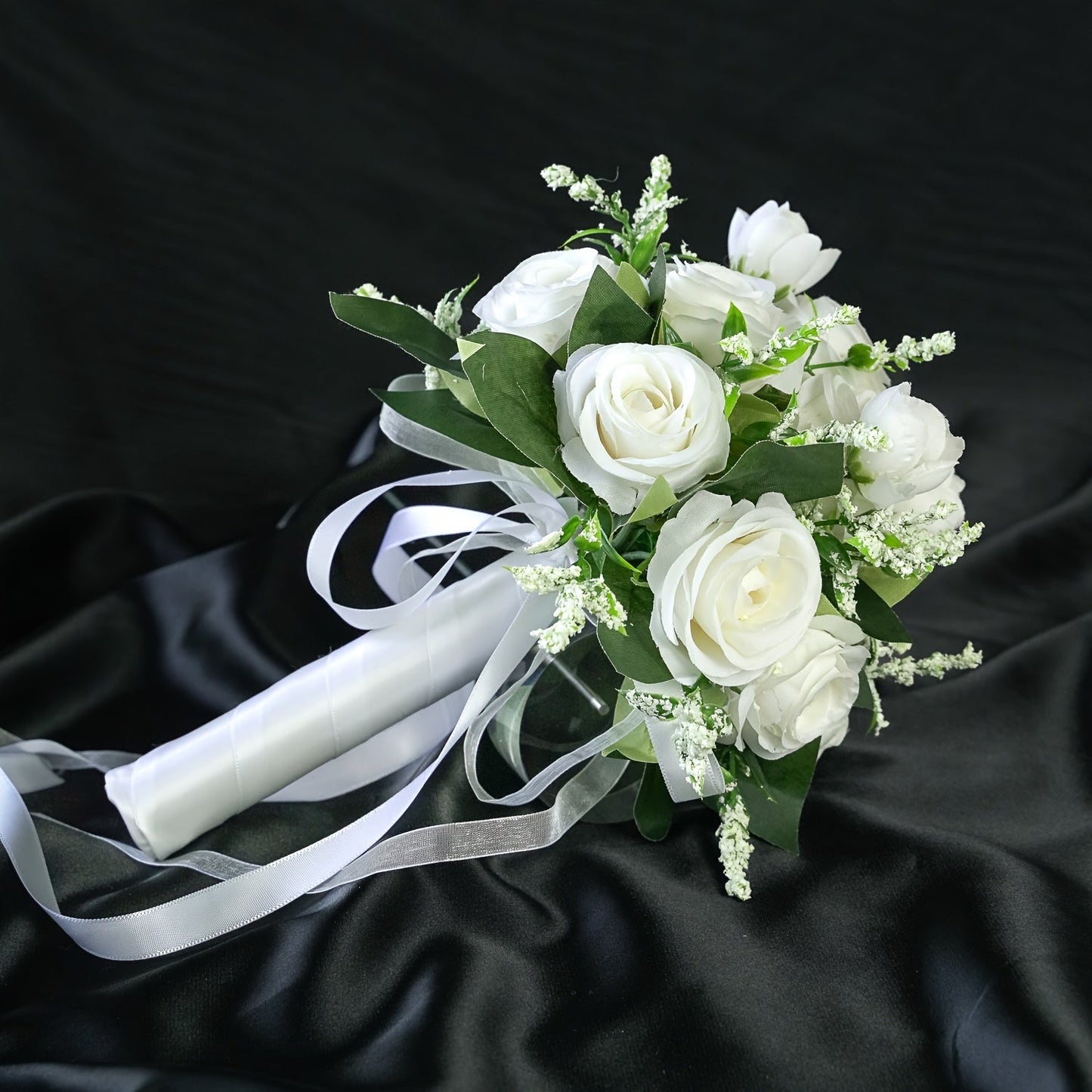 One Elegant Fake Rose Bouquet for The Bride Or Bridesmaid, Measuring 9.8 by 8.6 Inches, Featuring Simulated Roses with Green Foliage And Ribbon Decoration, Ideal for Weddings, Engagements, Parties, And As a Gift for Anniversa ferrersa
