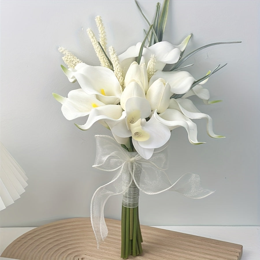 Elegant White Artificial Calla Lily Bouquet with Ribbon - Realistic Fake Lilies Suitable for Wedding Bouquets, Engagement, Valentine's Day Centerpieces, Spring Decorations - Plastic Flowers for & Events ferrersa
