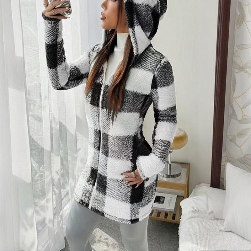 Women's Long Sleeve Plaid Long Hooded Sherpa Coat, Soft Fleece Lined Jacket With Pockets For Winter ferrersa