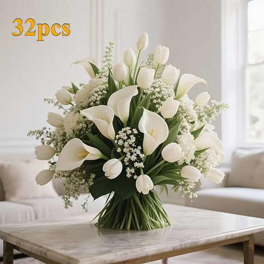 32 Realistic Artificial Flower Bouquets Bulk Pack - White Calla Lilies, Tulips & Baby’s Breath-like Star Anise in Bulk | Wedding, Valentine’s Day & Christmas Centerpiece Decor, Roses For Decoration, Rose Flowers For Decor ferrersa