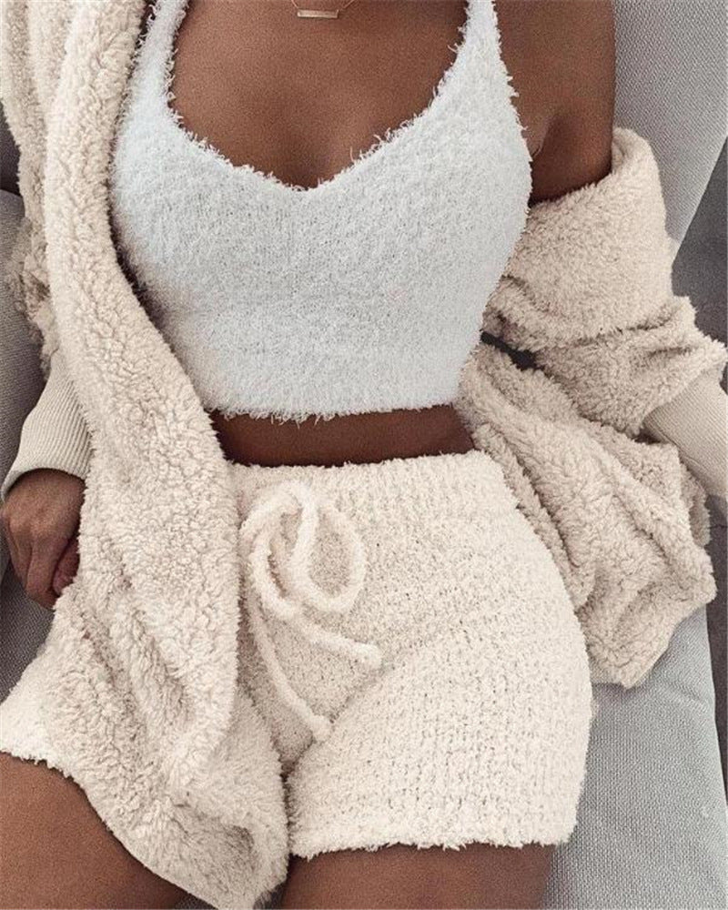 3pcs Womens Clothing Long Sleeve Crop Tank Top And Drawstring Shorts Pajama Set USA