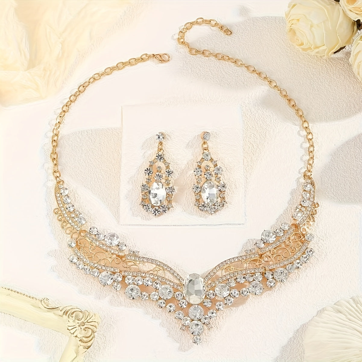 Vintage KC Necklace & Earrings Jewelry Set - Bridal Wedding Accessories, Banquet Dress Chain, Daily Wear Elegant Durable Retro Jewelry Costume Set for Special Occasions & Year-Round Wearing (Compatible with) ferrersa