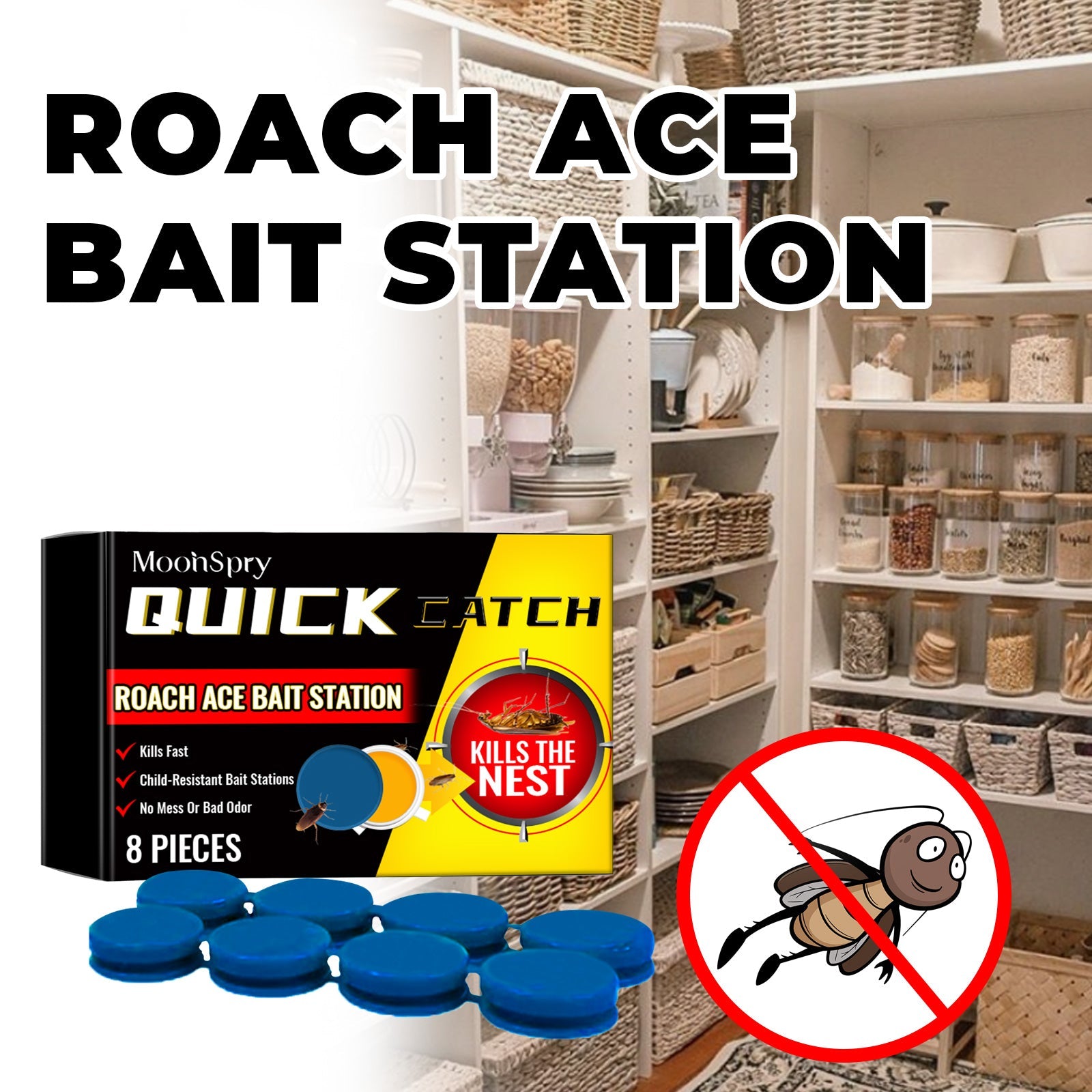 MoonSpry Roach Ace Bait Station, Insect-Repellent Cockroach Bait Kitchen Home Cockroach Elimination Whole Nest End Cleaner eprolo