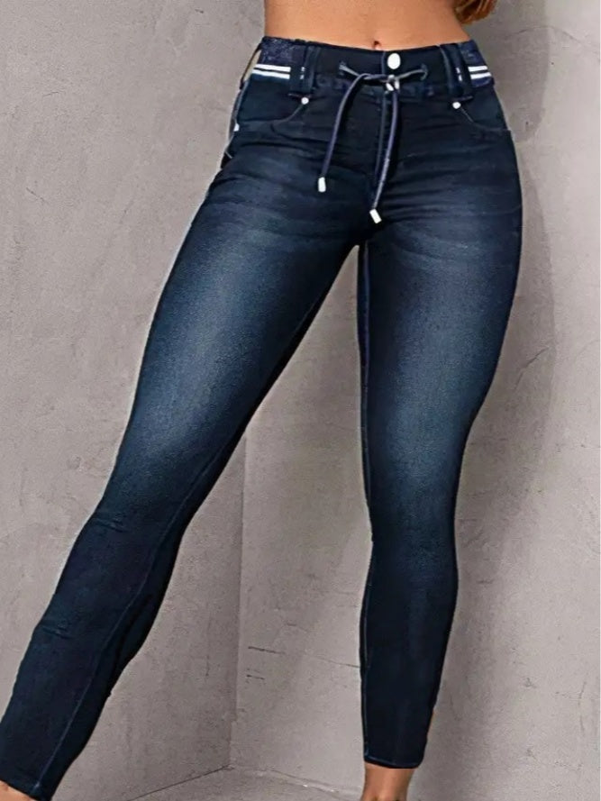Athleisure Style Skinny Jeans For Women, Mid-Rise Pull-On Denim With A Sporty Drawstring Waist, Butt-Lifting Dark Wash Jeggings ferrersa