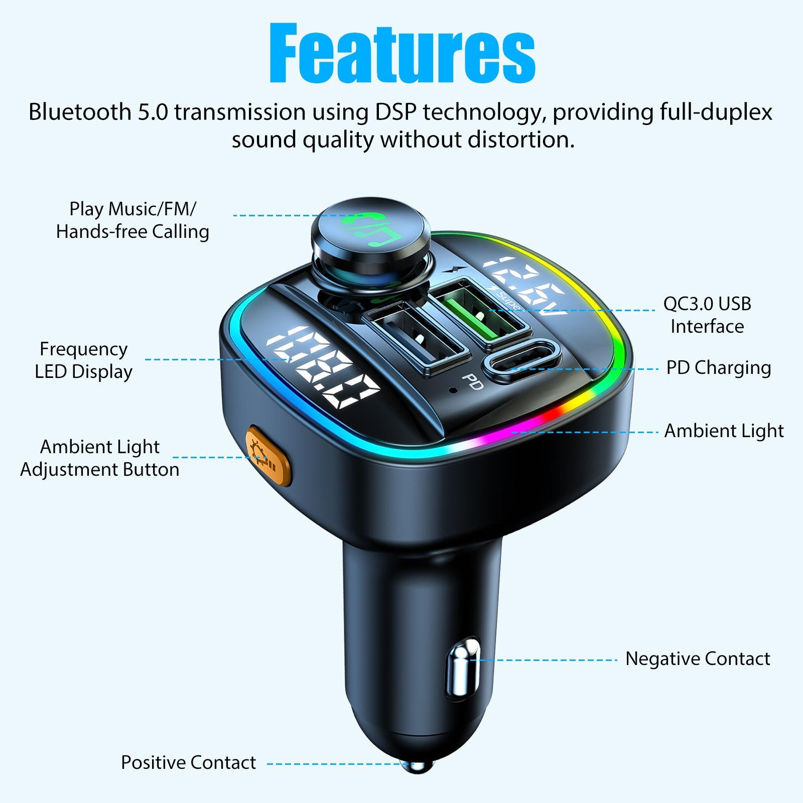 Bluetooth 5.0 Car Wireless FM Transmitter Adapter USB PD Charger AUX Hands-Free Noise Reduction Audio Receiver Car Kit Handsfree Dual DC-Powered by People
