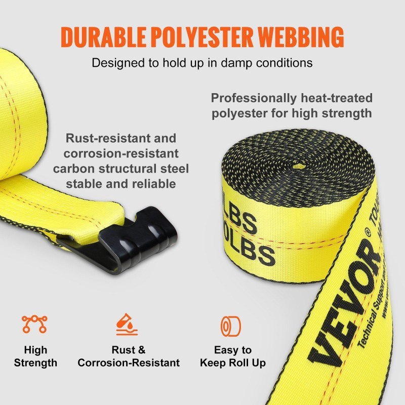 VEVOR Winch Straps, 4x 30', 6000 Lbs Load Capacity, 18000 Lbs Break Strength, Truck Straps with Flat Hook, Flatbed Tie Downs Cargo Control Trailers, Farms, Rescues, Tree Saver, Yellow (4 Pack) ferrersa