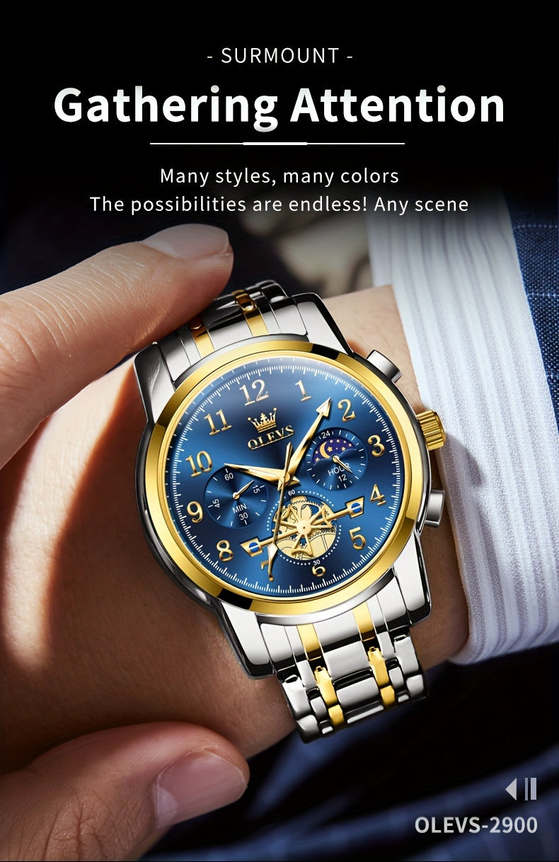 Black Stainless Steel Men's Watch - OLEVS Dress Classic Business Luxury Big Face with Calendar, Luminous Easy to Read Wrist Watch ferrersa
