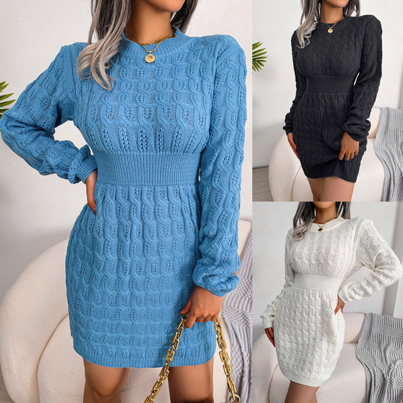 Women's Bodycon Pullover Mini Sweater Dress - Cozy Crew Neck Long Sleeve Dress For Fall Wintert ferrersa
