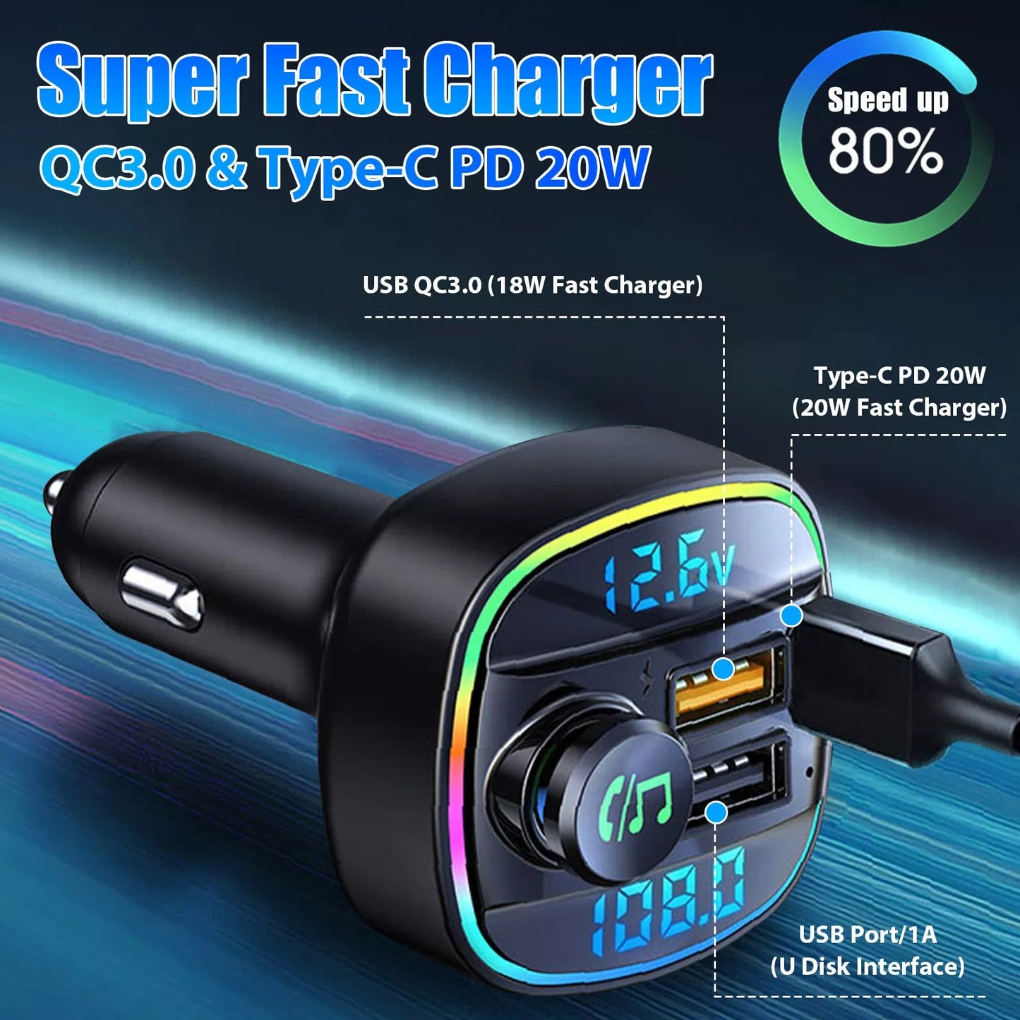 Bluetooth 5.0 Car Wireless FM Transmitter Adapter USB PD Charger AUX Hands-Free Noise Reduction Audio Receiver Car Kit Handsfree Dual DC-Powered by People