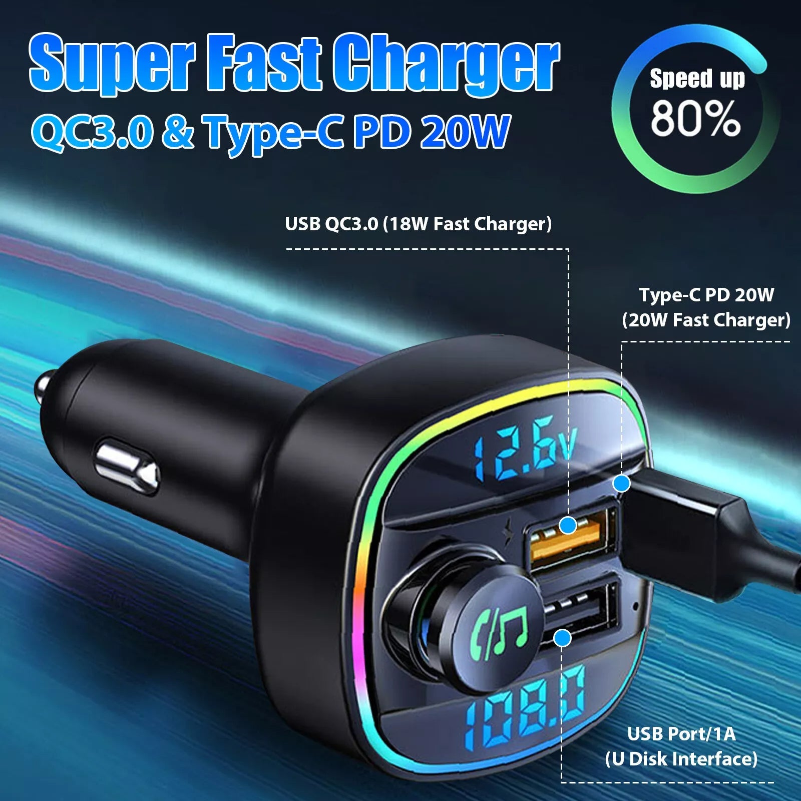 Bluetooth 5.0 Car Wireless FM Transmitter Adapter USB PD Charger AUX Hands-Free Noise Reduction Audio Receiver Car Kit Handsfree Dual DC-Powered by People