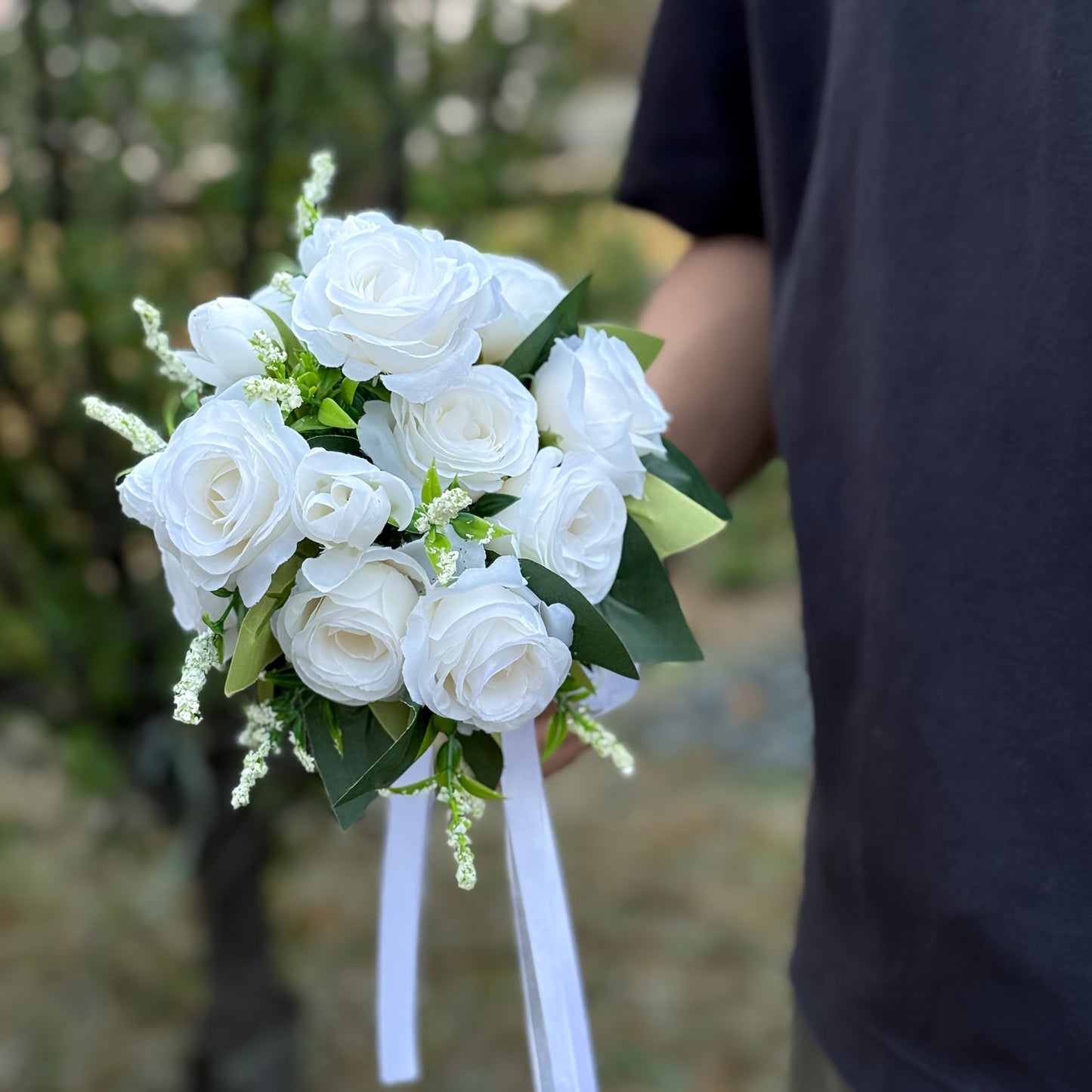One Elegant Fake Rose Bouquet for The Bride Or Bridesmaid, Measuring 9.8 by 8.6 Inches, Featuring Simulated Roses with Green Foliage And Ribbon Decoration, Ideal for Weddings, Engagements, Parties, And As a Gift for Anniversa ferrersa
