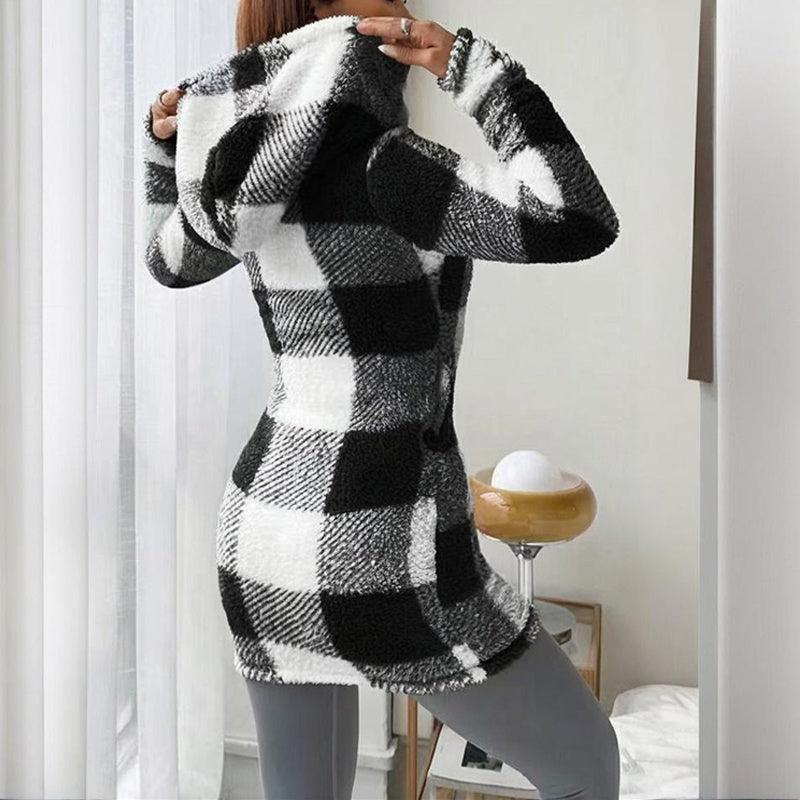 Women's Long Sleeve Plaid Long Hooded Sherpa Coat, Soft Fleece Lined Jacket With Pockets For Winter ferrersa