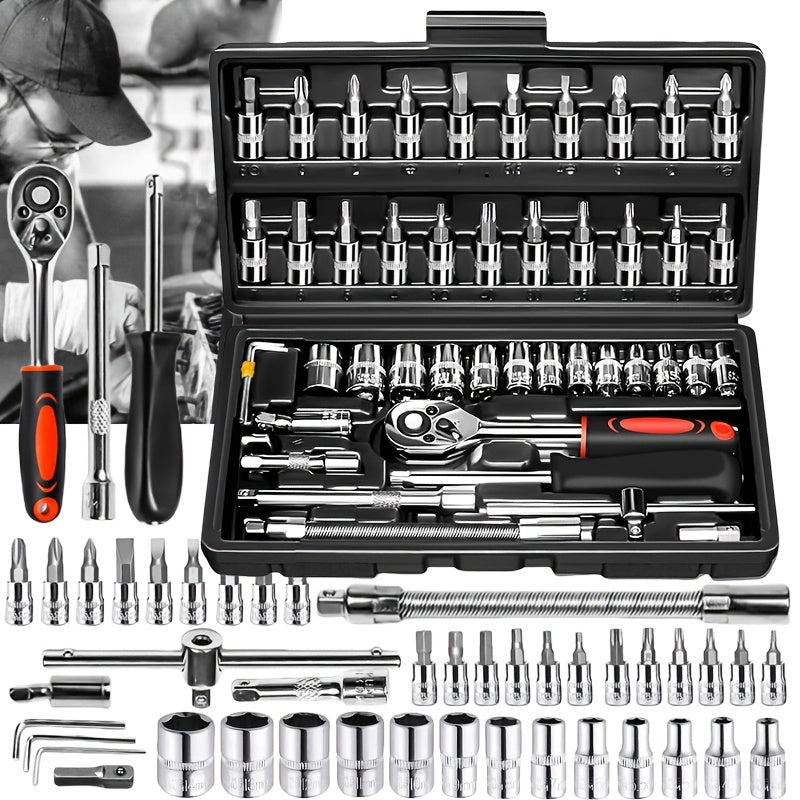 46pcs Toolkit for Home And Automotive Repairs, Including a Ratchet Torque Wrench, Screwdriver, And a Portable Motorcycle Tire And Bicycle Repair Kit ferrersa