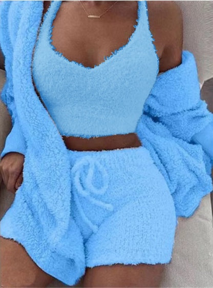 3pcs Womens Clothing Long Sleeve Crop Tank Top And Drawstring Shorts Pajama Set USA