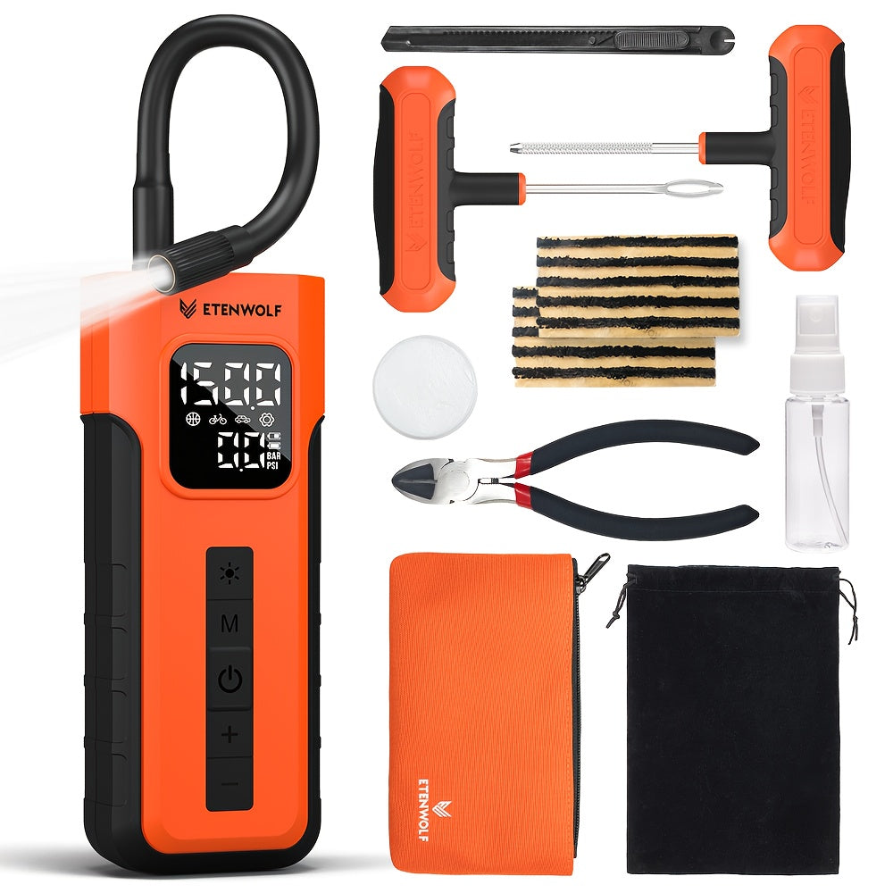 ETENWOLF C2 Combo Tire Repair Kit Wireless Tire Inflator For Cars, 4000mAh Battery Air Pump, Fast Car Tire Pump For Motorcycles, Bikes, Balls, LED Light For Emergency. Set Includes: Diagonal Pliers, A Tire Inflator, Lubricant ferrersa