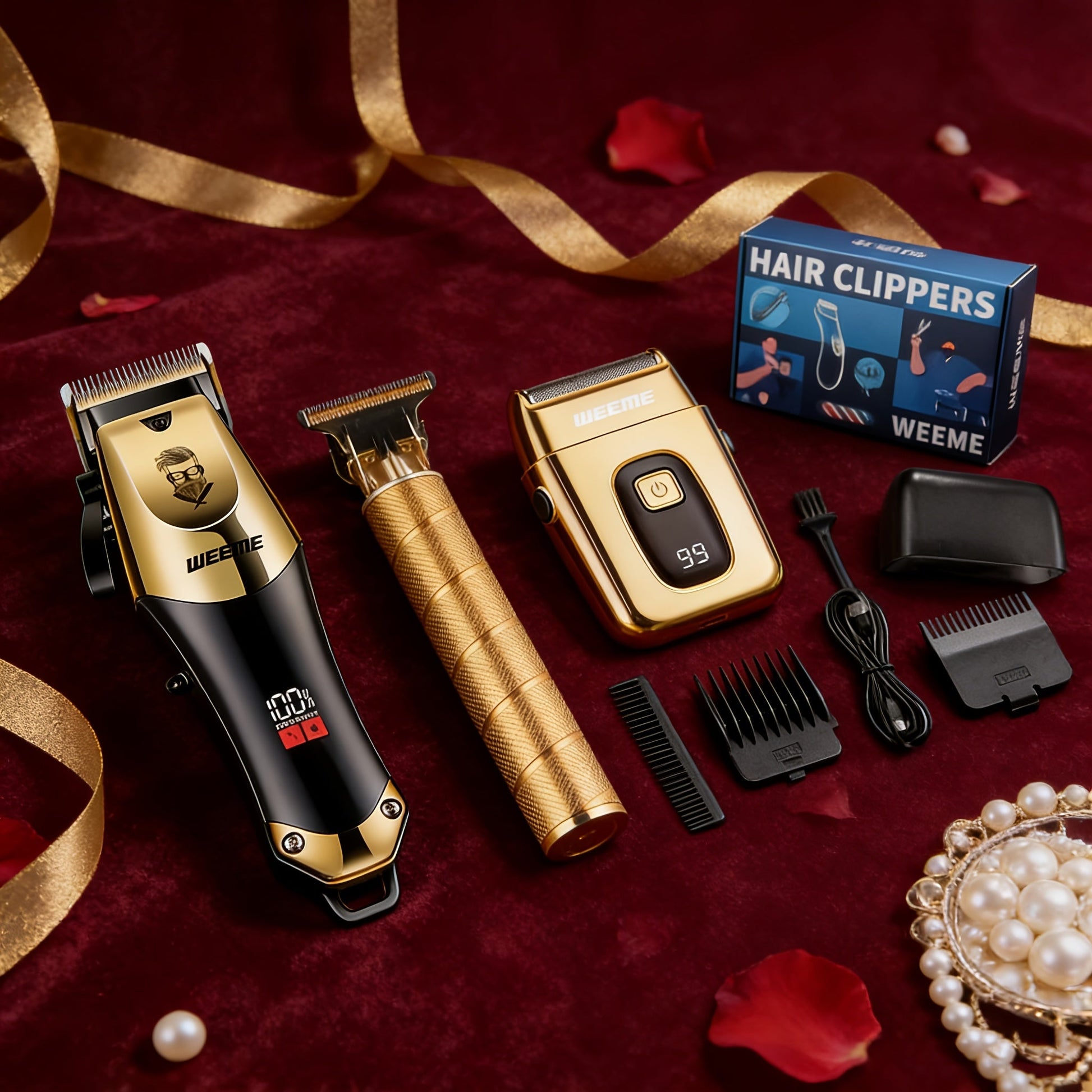 3pcs Set Golden Hair Clippers Professional, Beard Trimmer, T-Blade Trimmer Kit For Men, Cordless Hair Cutting And Styling Tools, Golden Design Shaver, Ideal Birthday And Christmas Gifts, Valentine'S Day ferrersa