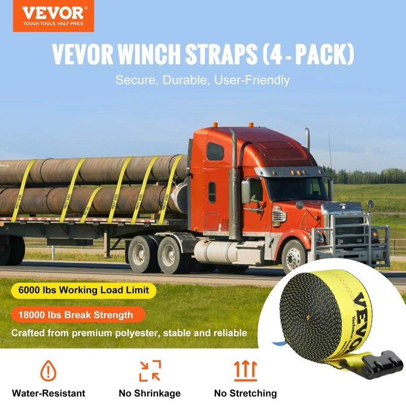 VEVOR Winch Straps, 4x 30', 6000 Lbs Load Capacity, 18000 Lbs Break Strength, Truck Straps with Flat Hook, Flatbed Tie Downs Cargo Control Trailers, Farms, Rescues, Tree Saver, Yellow (4 Pack) ferrersa