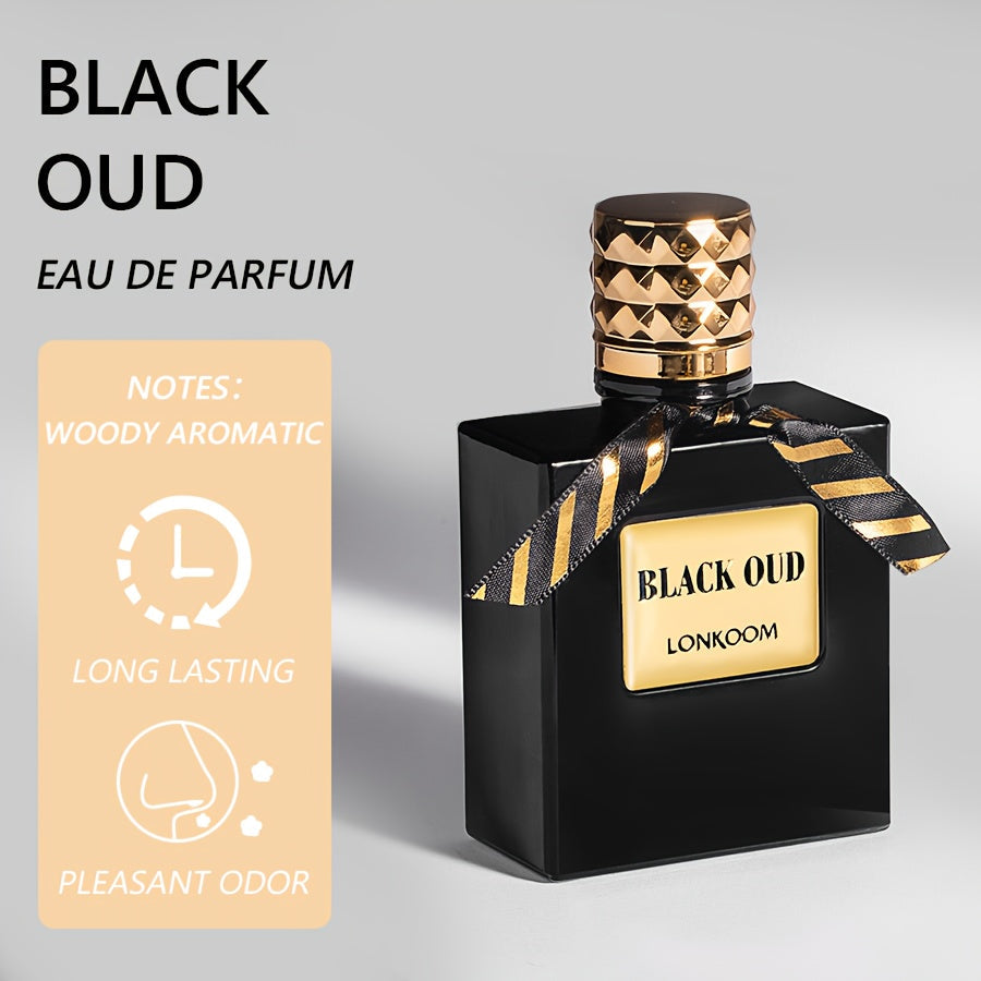 LONKOOM BLACK OUD, a Woody Aromatic Fragrance for Men, Features a Luxurious Texture And Opulent Oriental Charm. It Includes Notes of Lavender, Sage, Bergamot, Chrysophoron, Cocoa Pod, Cardamom, Patchouli, Leather ferrersa