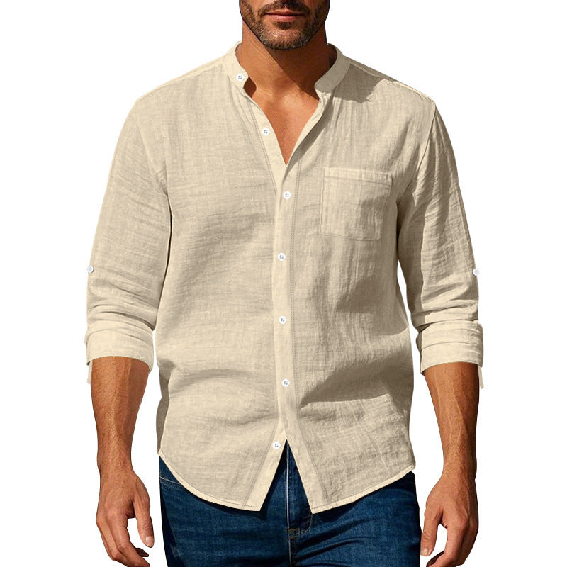 Long Sleeve Stand Collar Shirt With Pockets Casual Men's Clothing ferrersa