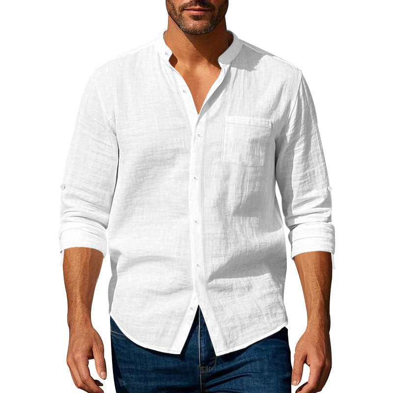 Long Sleeve Stand Collar Shirt With Pockets Casual Men's Clothing ferrersa