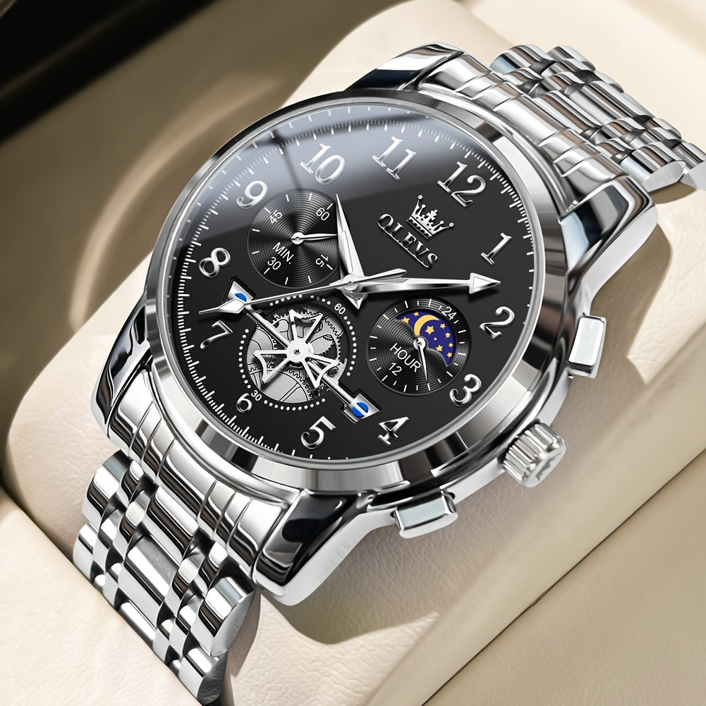 Black Stainless Steel Men's Watch - OLEVS Dress Classic Business Luxury Big Face with Calendar, Luminous Easy to Read Wrist Watch ferrersa