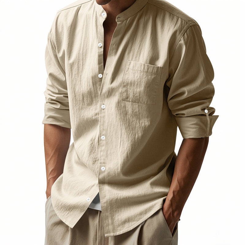 Long Sleeve Stand Collar Shirt With Pockets Casual Men's Clothing ferrersa