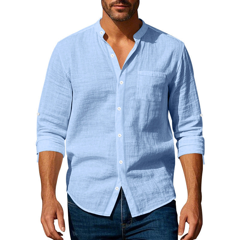 Long Sleeve Stand Collar Shirt With Pockets Casual Men's Clothing ferrersa