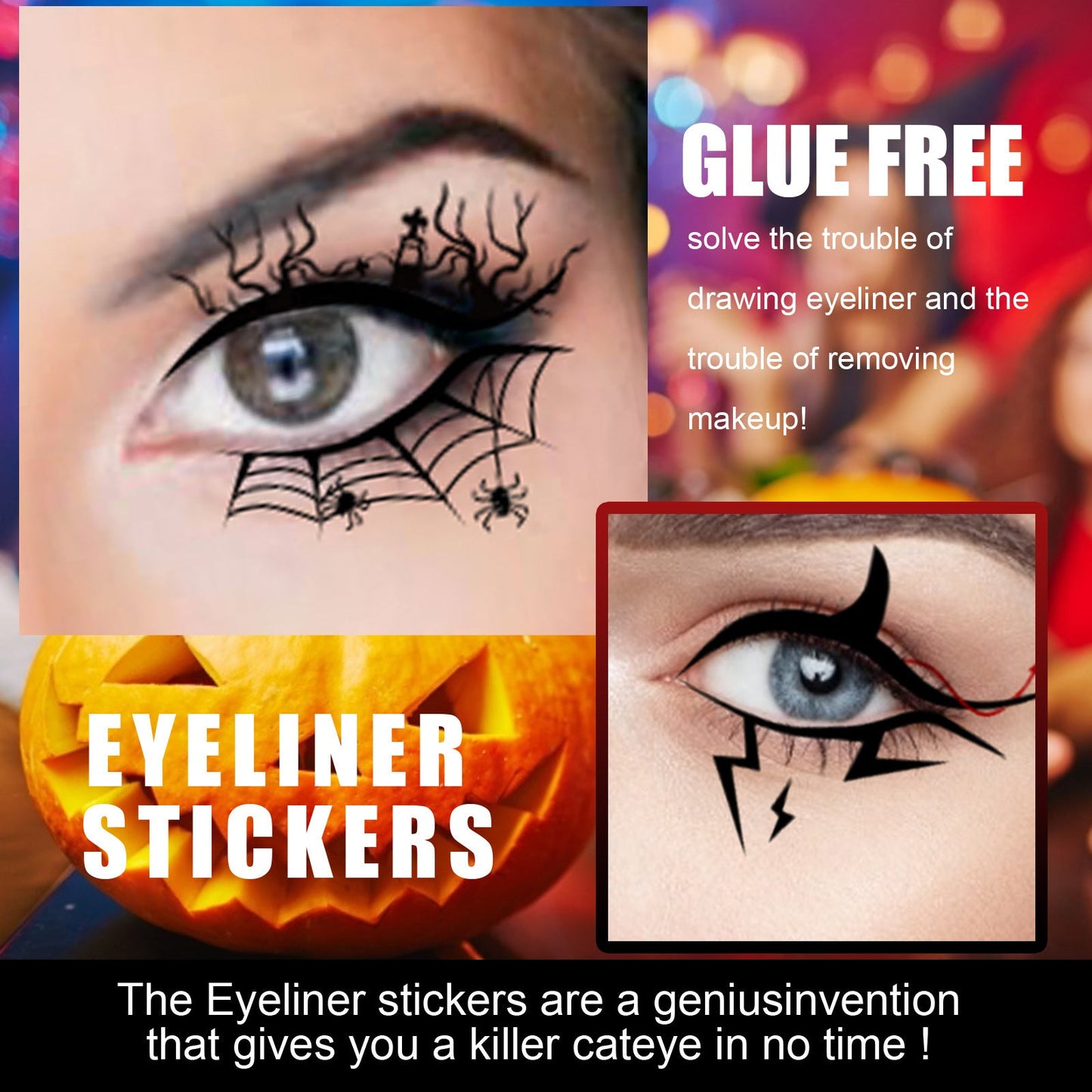 Halloween Eyeliner Patch, Scary Fashion Party Makeup Kit Bat Spider Decorative Eyeliner Eyeshadow Patch eprolo