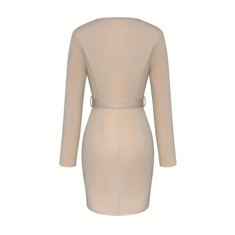 Women's V-Neck Short Dress With Pockets - Long Sleeve Belted Casual Fall Dress ferrersa