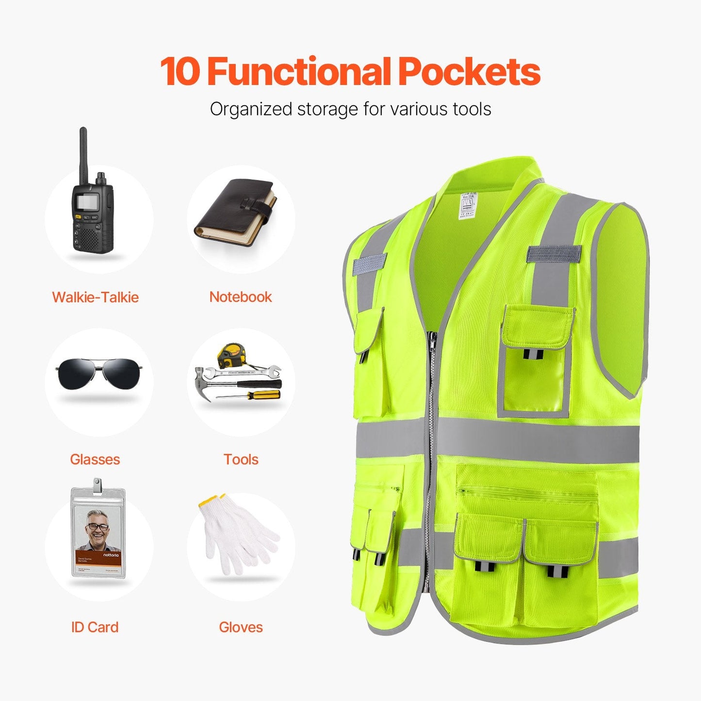 Safety Vest Reflective Yellow Work Vest With 10 Pockets For Men & Women DC-Powered by People