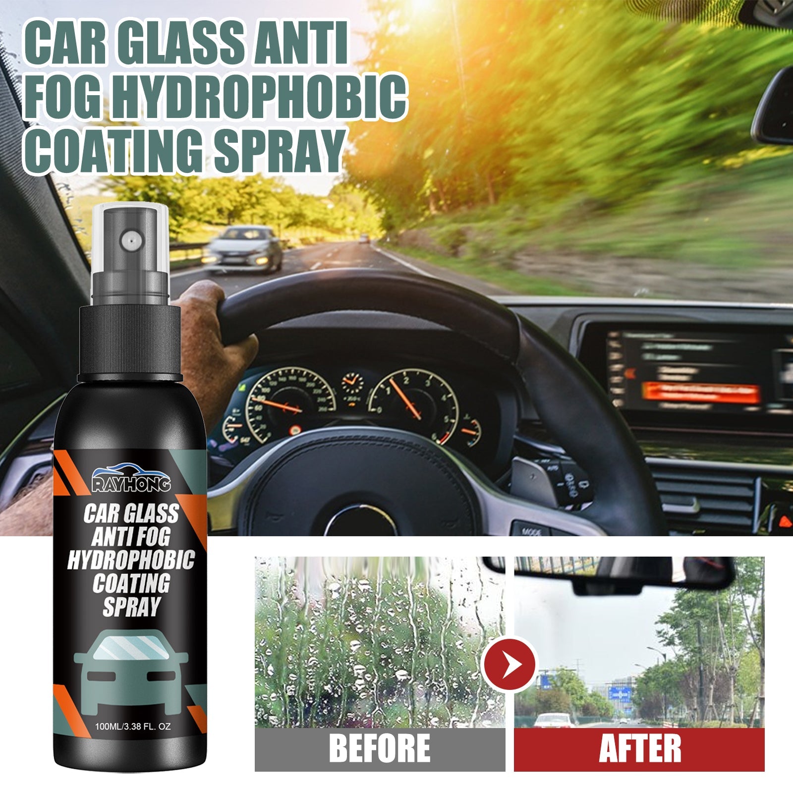 Rayhong Car Glass-Anti Fog Hydrophobic Coating Spray, Rearview Mirror Windshield Cleaner Stains Hydrophobic Water Spray Antifogging Agent eprolo
